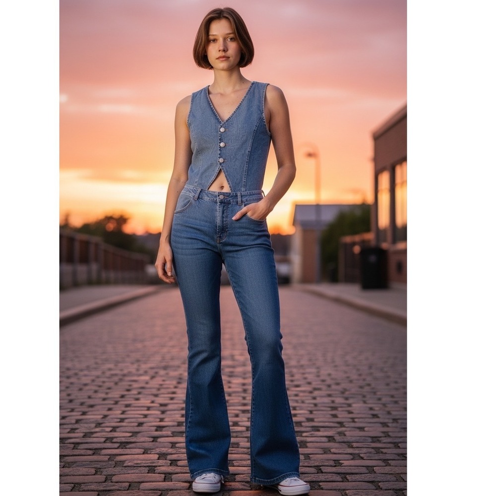 Wisteria Lane Denim Jumpsuit Medium Wash Flare Leg Vest Top Cutout Blue Medium